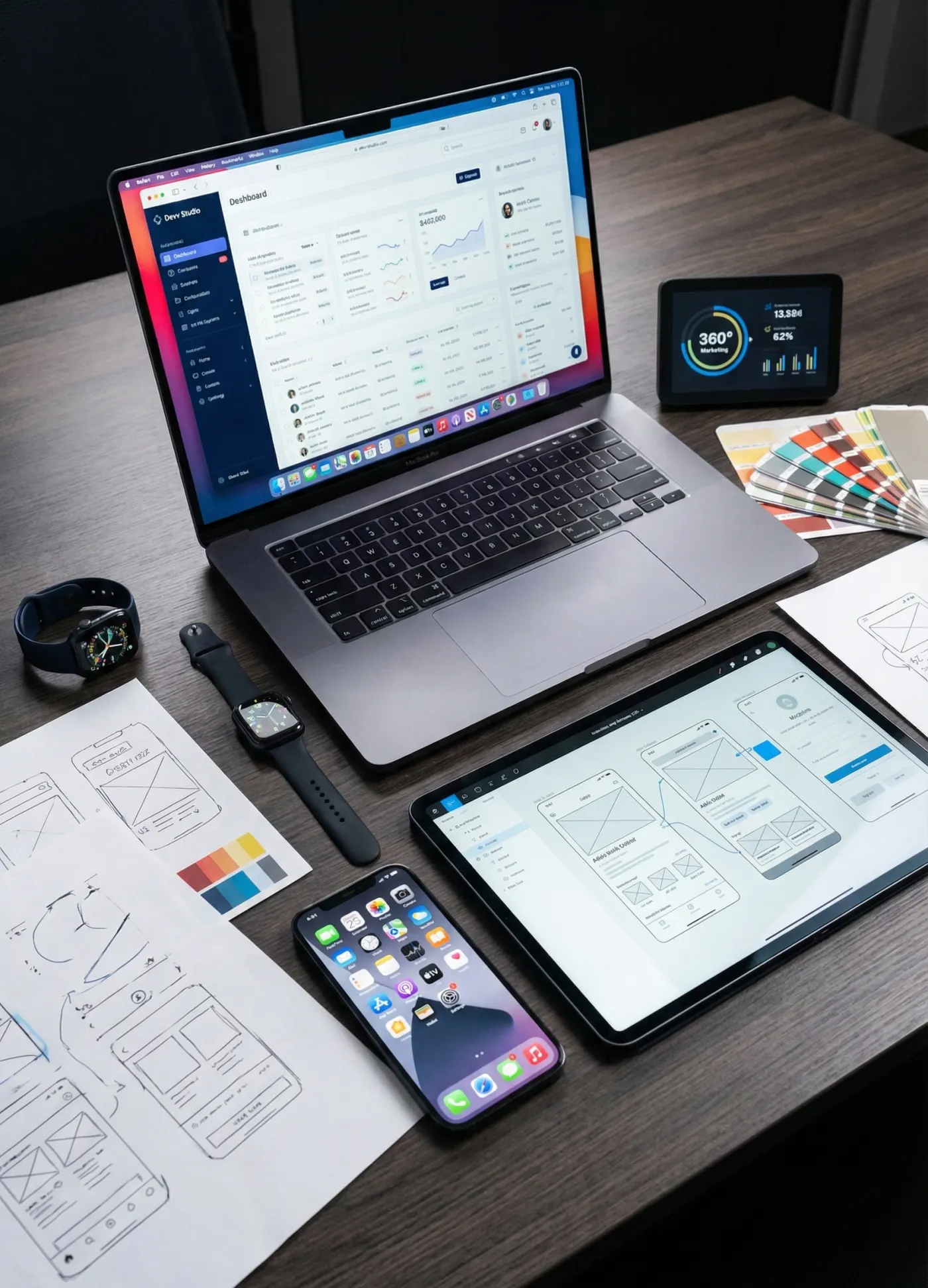 A Devv Studio workspace: dashboard designs on a laptop, wireframe sketches and app screens on tablet and phone