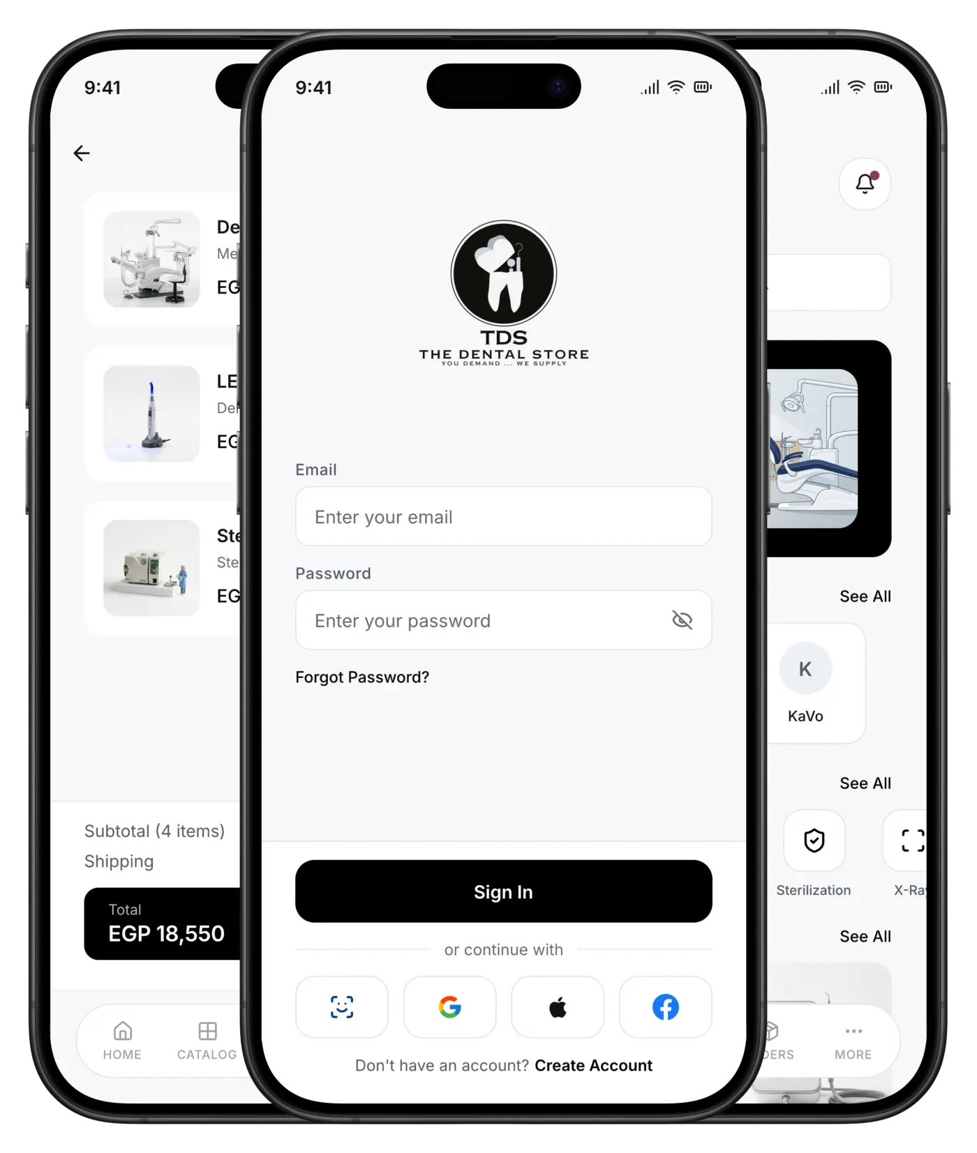 TDS dental supplies shopping app screens