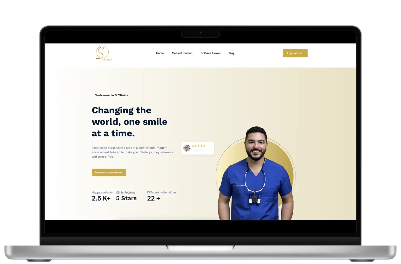 S Clinics dental clinic website on a laptop